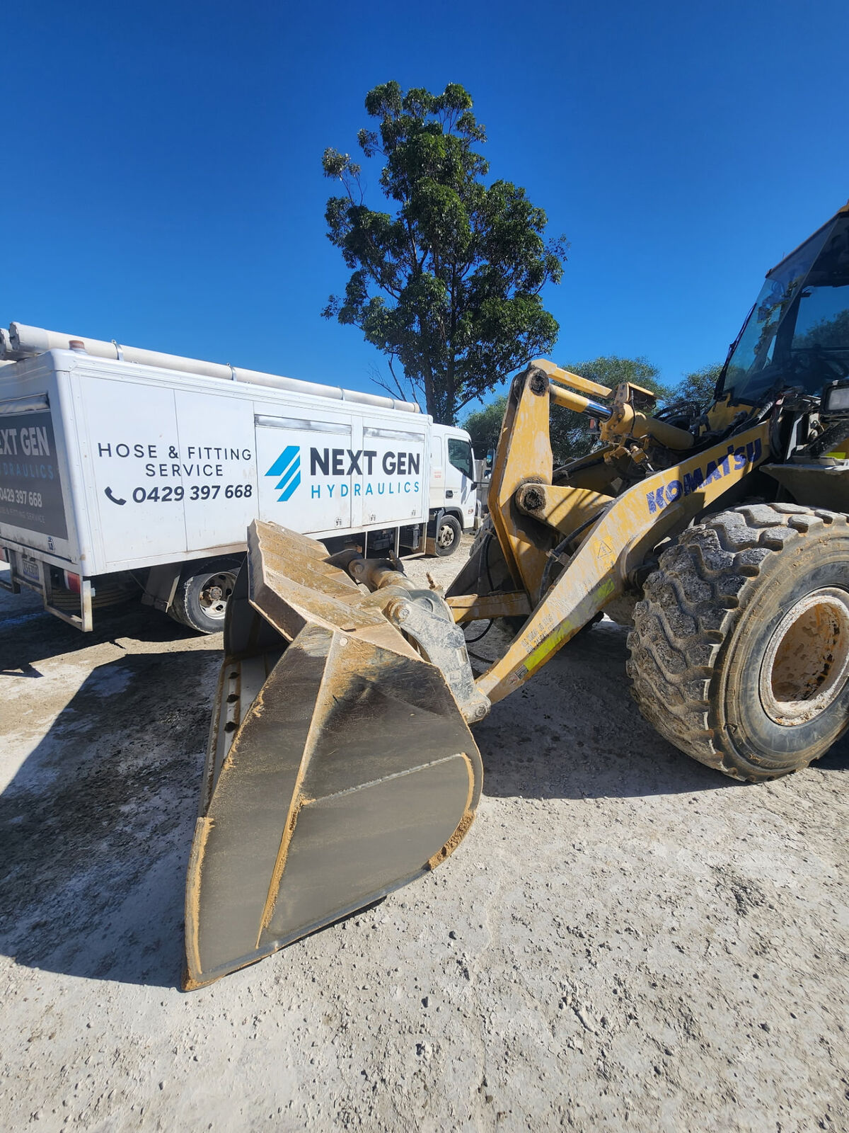 Next Gen Hydraulics truck beside a semi-trailer in an Adelaide yard for air brake line repairs